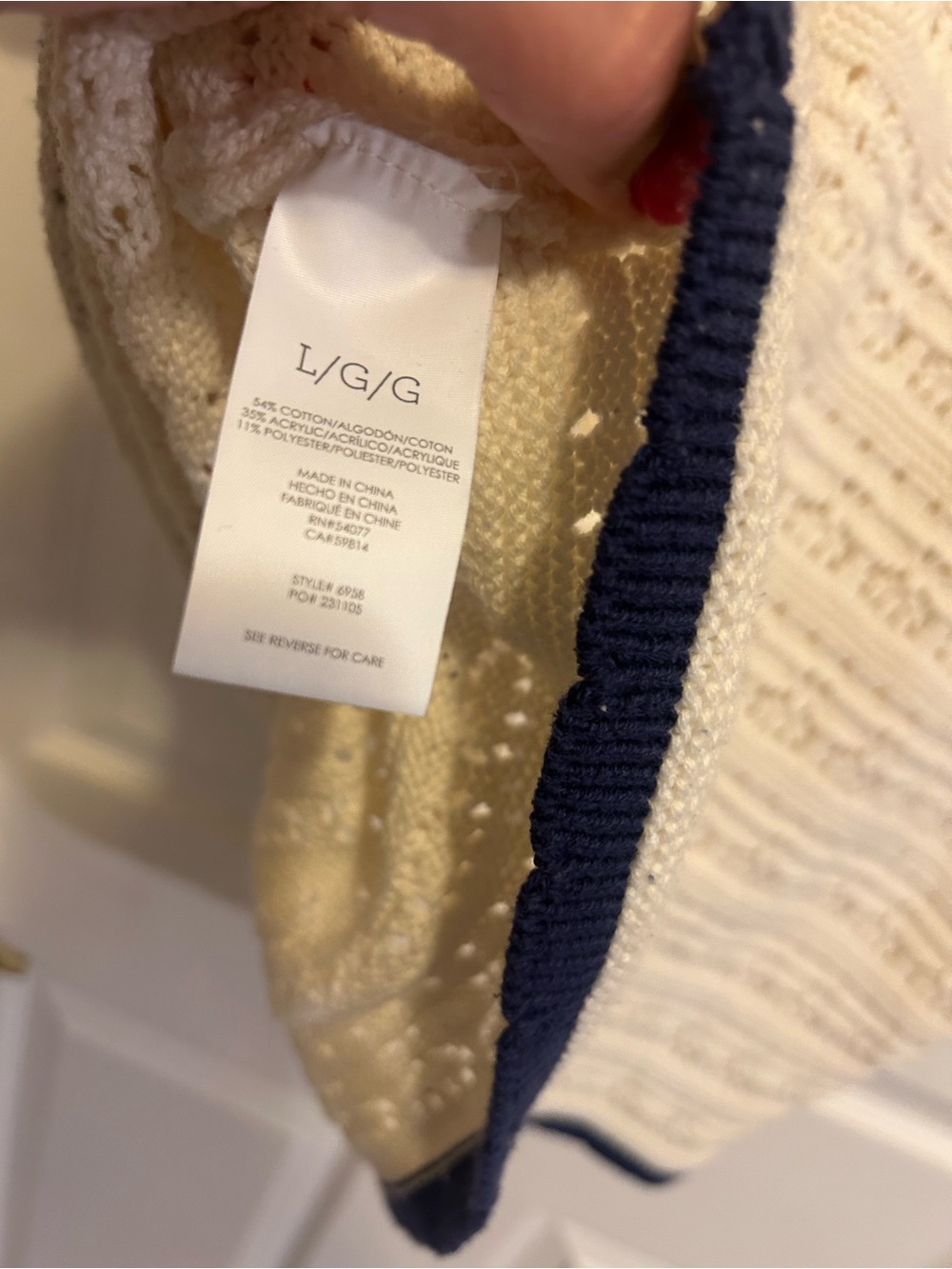 CAbi Cream Loom Pullover with Navy Trim - Picture 11 of 12
